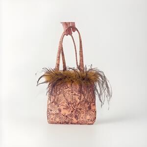 Vintage 90s Y2K Leopard Faux Fabric Purse Bag Ostrich Feathers Fran The Nanny